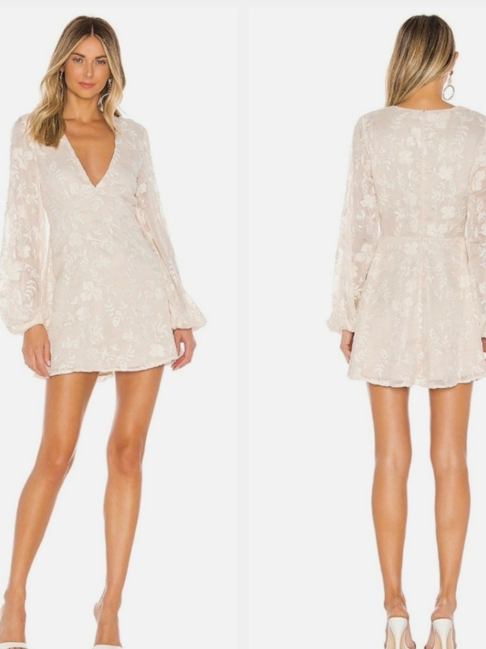 Tularosa V-Neck Long Sleeve Floral Lace Mini Dress - Cream